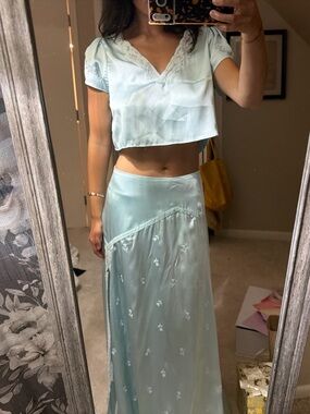 Light Blue Satin Maxi Skirt - Women's Elegant Evening Skirt